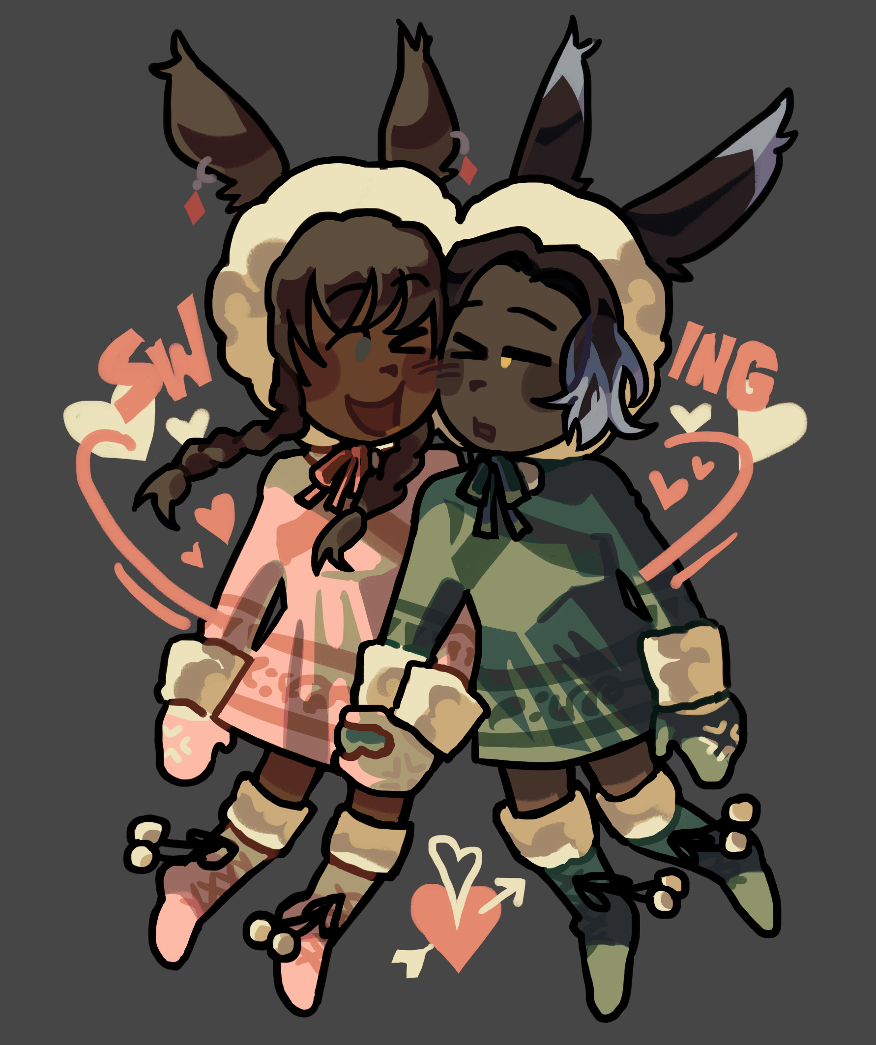 a chibi drawing of meade and erenville. she's holding his hand and their cheeks are pressed together.